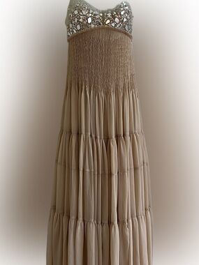 Beige Embellished Tiered Maxi Dress Smocked Bust Maddy Paris Inspired XS NWOT